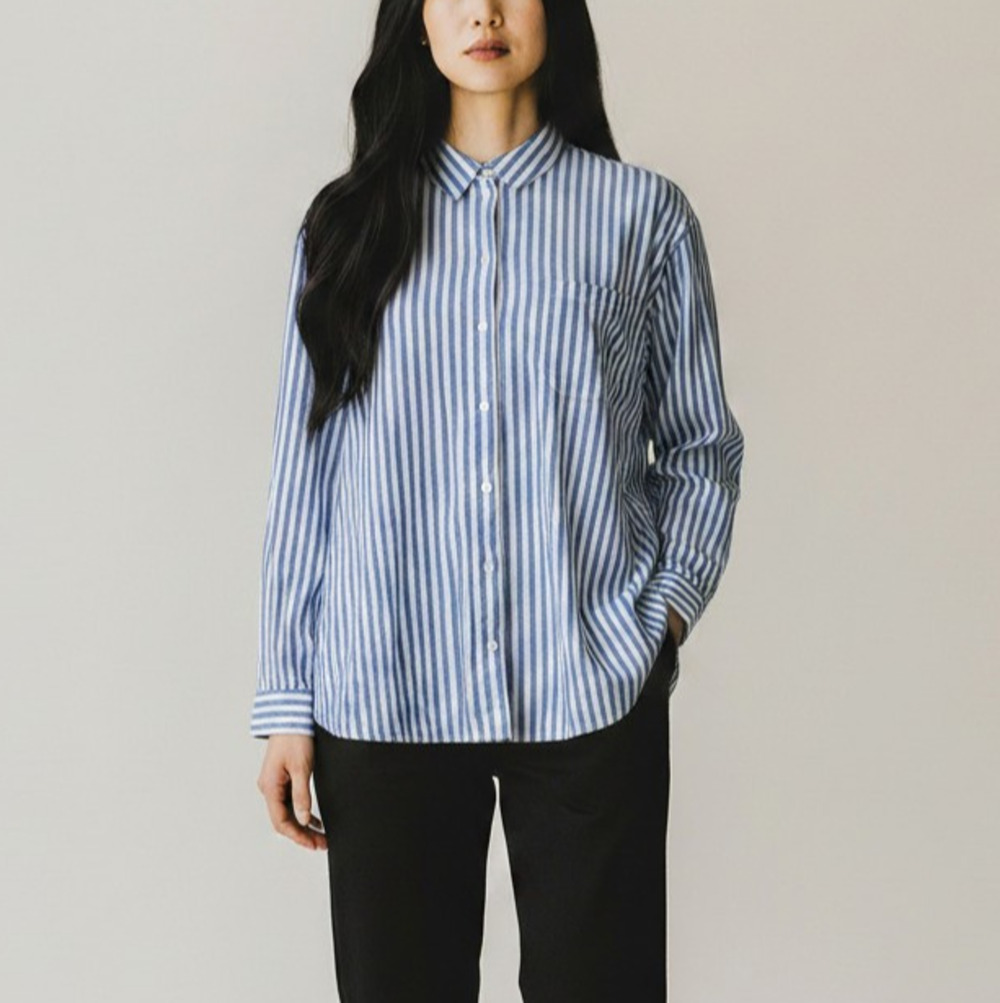 A6 Authentic SEZANE Max Shirt Blue White Striped Oversized Linen Blouse Size 42